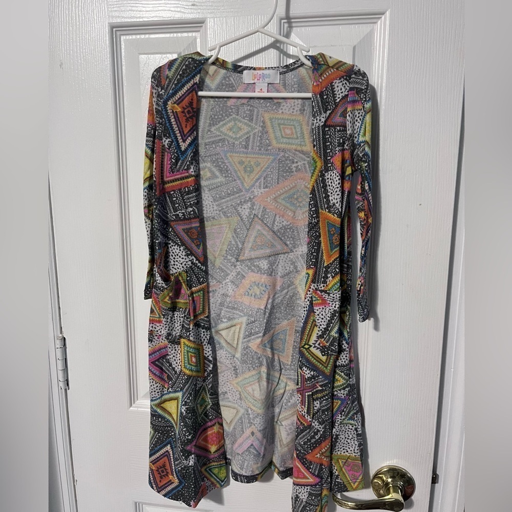 LuLaRoe Sariah size 4 girls multicolor long long sweater open front cardigan - Picture 3 of 3
